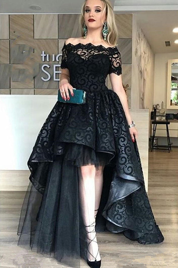 Short Sleeves Front Short Long Back Black Lace Hi-Lo Fancy Prom Dresses Formal Evening Dress