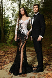 All See Through White Black Lace Mermaid Long Sleeves Sexy Prom Dresses Evening Dress LD1810