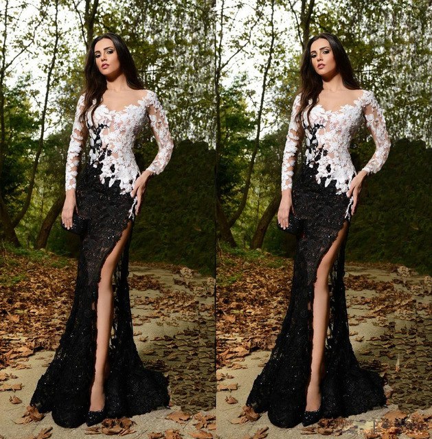 All See Through White Black Lace Mermaid Long Sleeves Sexy Prom Dresses Evening Dress LD1810