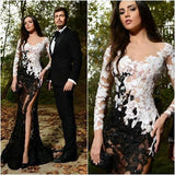 All See Through White Black Lace Mermaid Long Sleeves Sexy Prom Dresses Evening Dress LD1810