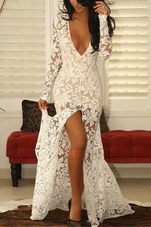 Sexy Deep V Neck Long Sleeves See Through Wedding Prom Dresses Formal Evening Dress LD1799