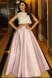 New Design Two Piece High Neck Pink Beaded Long Prom Dresses Formal Dress Evening Gowns