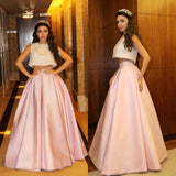 New Design Two Piece High Neck Pink Beaded Long Prom Dresses Formal Dress Evening Gowns