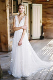 A Line Rutic Deep V Neck Open Back White Beach Bridal Wedding Dresses Formal Prom Dress