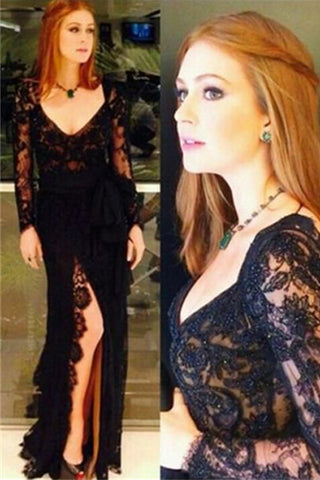 Black Lace V Neck Long Sleeves Front Slit Open Back Prom Dresses Formal Evening Dress