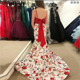 Two Piece Spaghetti Straps Mermaid Printed Fabric Long Prom Dresses Formal Evening Dress