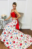 Two Piece Spaghetti Straps Mermaid Printed Fabric Long Prom Dresses Formal Evening Dress