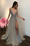 Long Backless Grey Sexy Prom Dresses with Slit Rhinestone See Through Evening Gowns