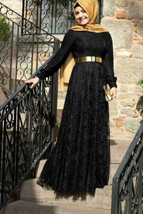 Islamic Fashionable Dress Long Sleeves Simple Muslimah Black Lace Prom Dresses Evening Gowns