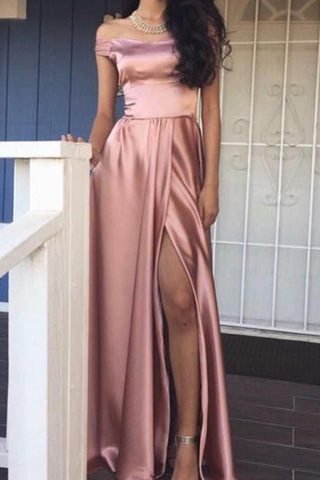 Blush Pink High Quality Off Shoulder Slit Elegant Party Dresses Prom Dress