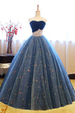 Ball Gown Strapless Embroidery Pearl Dark Blue Prom Dresses Formal Evening Quinceanera Dress