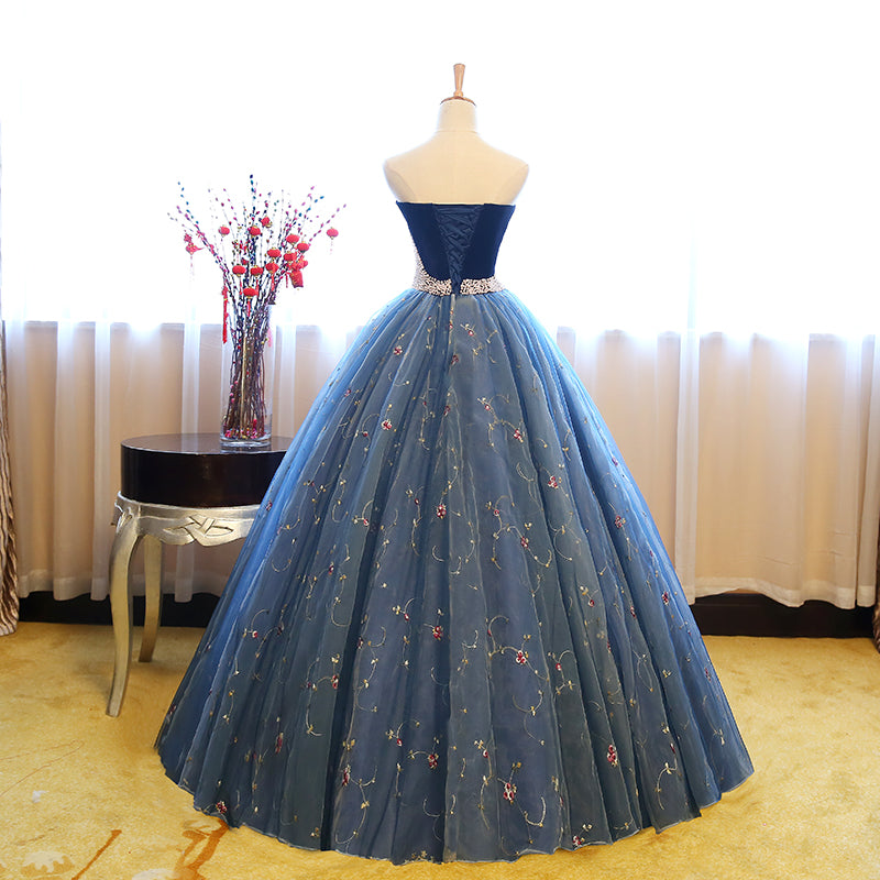 Ball Gown Strapless Embroidery Pearl Dark Blue Prom Dresses Formal Evening Quinceanera Dress