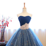 Ball Gown Strapless Embroidery Pearl Dark Blue Prom Dresses Formal Evening Quinceanera Dress