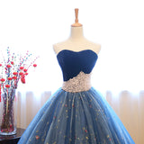 Ball Gown Strapless Embroidery Pearl Dark Blue Prom Dresses Formal Evening Quinceanera Dress
