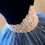 Ball Gown Strapless Embroidery Pearl Dark Blue Prom Dresses Formal Evening Quinceanera Dress