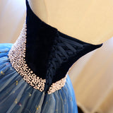 Ball Gown Strapless Embroidery Pearl Dark Blue Prom Dresses Formal Evening Quinceanera Dress