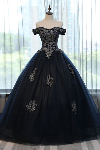 Navy Blue Off the Shoulder Lace Appliques Ball Gown Prom Dresses Evening Quinceanera Dress