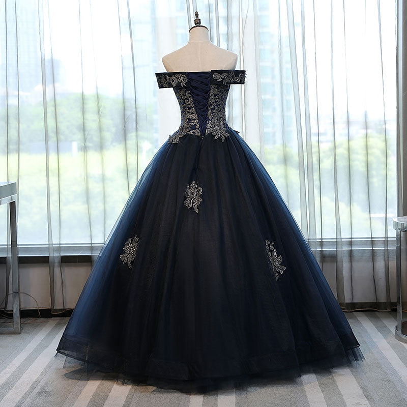 Navy Blue Off the Shoulder Lace Appliques Ball Gown Prom Dresses Evening Quinceanera Dress