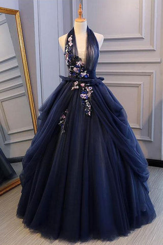 New Design Hand Flowers Ball Gown Navy Blue Prom Dresses Formal Evening Quinceanera Dress