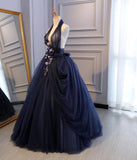 New Design Hand Flowers Ball Gown Navy Blue Prom Dresses Formal Evening Quinceanera Dress