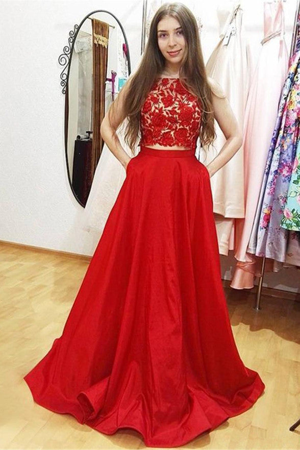 Two Piece Red Lace High Neck Long Prom Dresses Formal Evening Grad Dress With Pocket