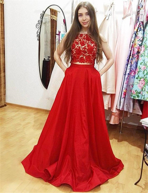 Two Piece Red Lace High Neck Long Prom Dresses Formal Evening Grad Dress With Pocket
