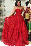 A Line Strapless Red Lace Beaded Long Formal Prom Dresses Fancy Evening Dress Gowns