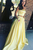 Two Piece Daffodil Satin Strapless Long Formal Prom Dresses Fancy Evening Dress With Pocket