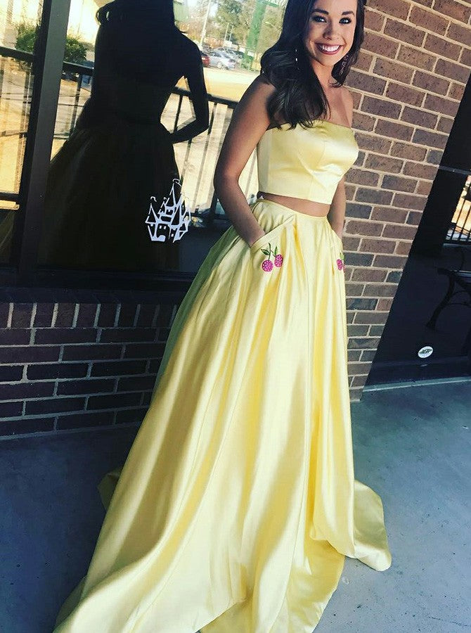 Two Piece Daffodil Satin Strapless Long Formal Prom Dresses Fancy Evening Dress With Pocket
