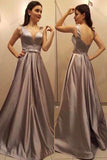 Elegant V Neck Open Back Satin Long Prom Dresses Formal Evening Grad Dress Gowns