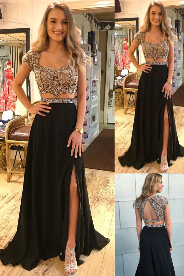 Two Piece Cap Sleeves Backless Beaded Black Long Prom Dresses Formal Evening Fancy Dress