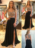 Two Piece Cap Sleeves Backless Beaded Black Long Prom Dresses Formal Evening Fancy Dress