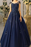 A Line Lace Appliques Navy Blue Cap Sleeves Prom Dresses