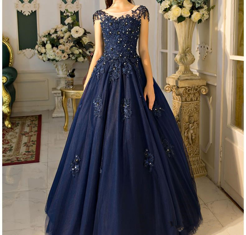 A Line Lace Appliques Navy Blue Cap Sleeves Prom Dresses
