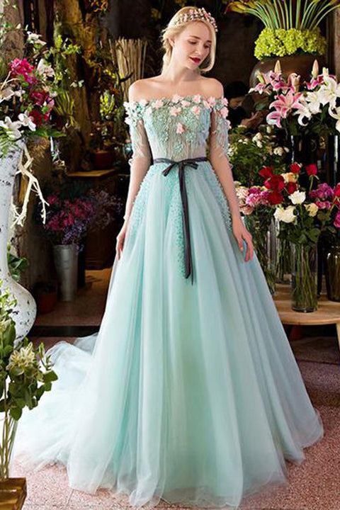 Charming Short Sleeve 3D Floral Strapless Pearl Prom Dresses Formal Evening Fancy Dress Gown