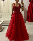 Burgundy A Line Lace Appliques Beaded Prom Dresses Formal Evening Fancy Dress Gowns