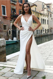 Sexy Backless V Neck Spaghetti Straps White Elegant Prom Dresses Formal Evening Fancy Dress