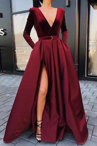 Elegant Long Sleeves V Neck Burgundy Slit Velvet Prom Dresses Formal Evening Fancy Dress