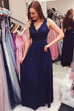 Open Back V Neck Navy Blue Lace Beaded Long Prom Dresses Formal Evening Fancy Dress