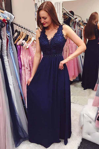 Open Back V Neck Navy Blue Lace Beaded Long Prom Dresses Formal Evening Fancy Dress