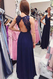 Open Back V Neck Navy Blue Lace Beaded Long Prom Dresses Formal Evening Fancy Dress