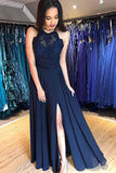 A Line Navy Blue Lace Chiffon Slit Prom Dresses