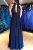 A Line Navy Blue Lace Chiffon Slit Prom Dresses