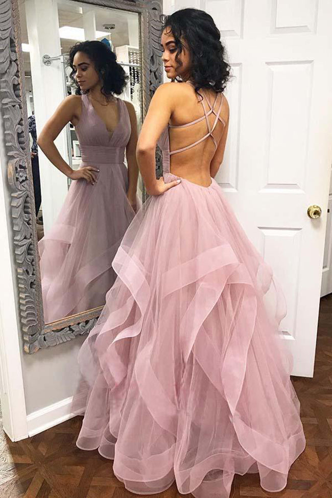 Sexy Open Back Spaghetti Straps V Neck Hi-Lo Tiered Prom Dresses Formal Evening Dress Gown