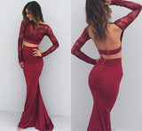 Long Sleeves Mermaid Burgundy Lace 2 Piece Backless Evening Prom Dress