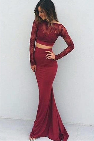 Long Sleeves Mermaid Burgundy Lace 2 Piece Backless Evening Prom Dress