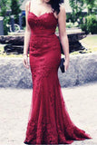 Burgundy Spaghetti Straps Lace Mermaid Long Prom Dresses Formal Evening Fancy Dress
