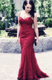 Burgundy Spaghetti Straps Lace Mermaid Long Prom Dresses Formal Evening Fancy Dress