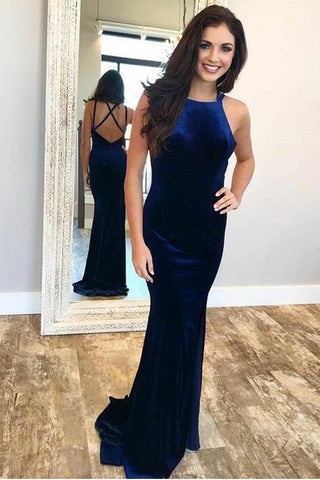 Royal Blue Velvet High Neck Open Back Mermaid Prom Dresses Formal Evening Fancy Dress