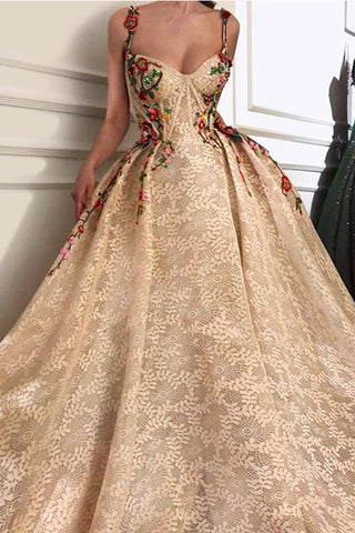 Fashion 3D Floral Spaghetti Straps Ball Gown Lace Prom Dresses Evening Formal Dress